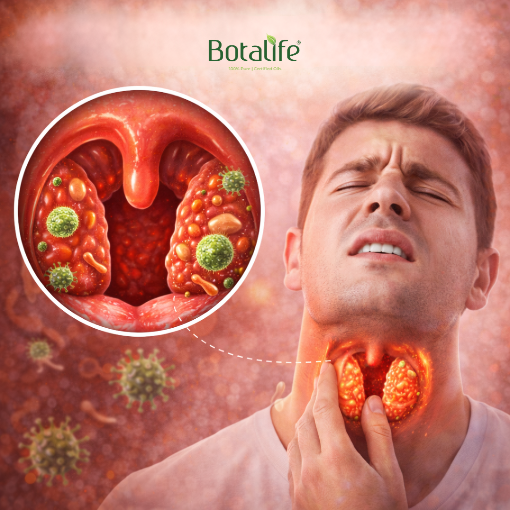 ТОП 10 етерични масла при възпаление на сливиците (тонзилит) - илюстрация възпалени сливици, бактерии и мъж, използване на етерични масла като рициново, риган и чаено дърво
