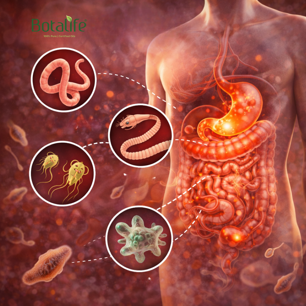 Топ 7 етерични масла за изчистване на паразити в тялото – илюстрация на храносмилателна система с паразити и етерични масла за прочистване