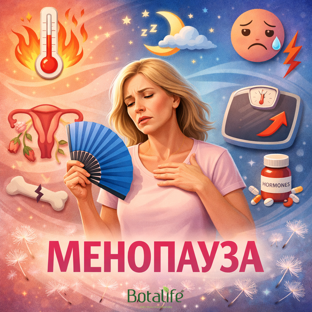 7 изпитани рецепти при менопауза - илюстрация със симптоми менопауза, горещи вълни, безсъние, етерични масла и натурални масла за облекчение