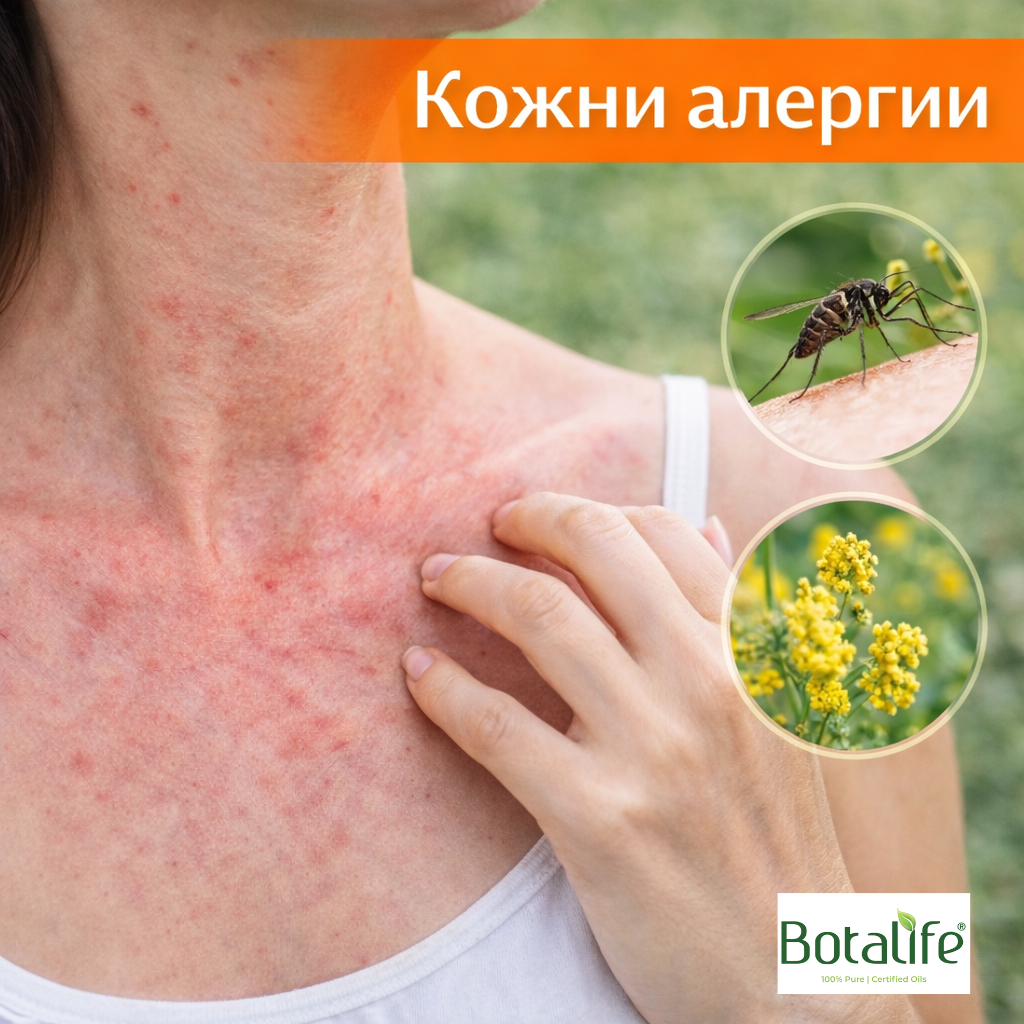 Най-ефективните масла при сезонни и кожни алергии - жена с кожна обрив и насекоми, предложения като масло от черен кимьон, рициново масло, лавандулово и евкалипт