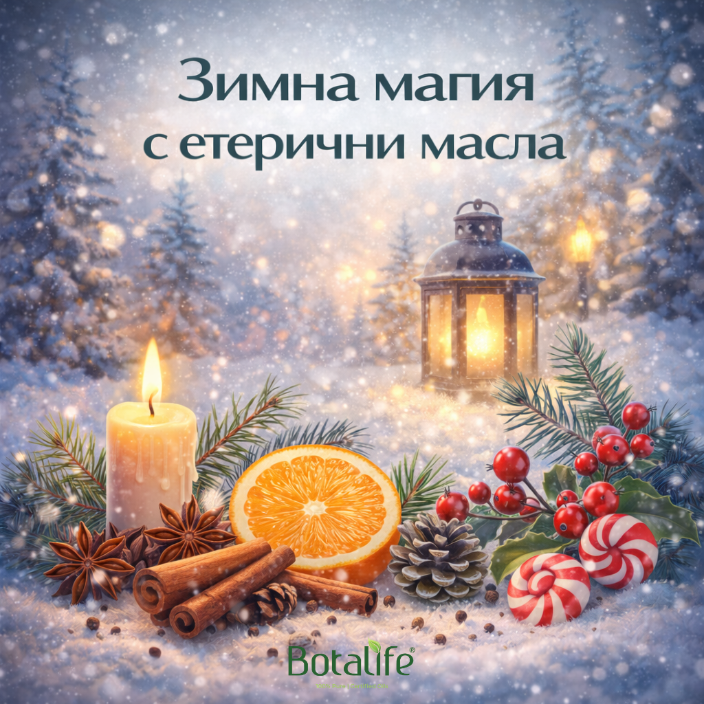 Зимна магия с етерични масла - ароматерапия с карамфил, розмарин, евкалипт, масло от черен кимион, кокосово масло и дифузер за уют и хидратация