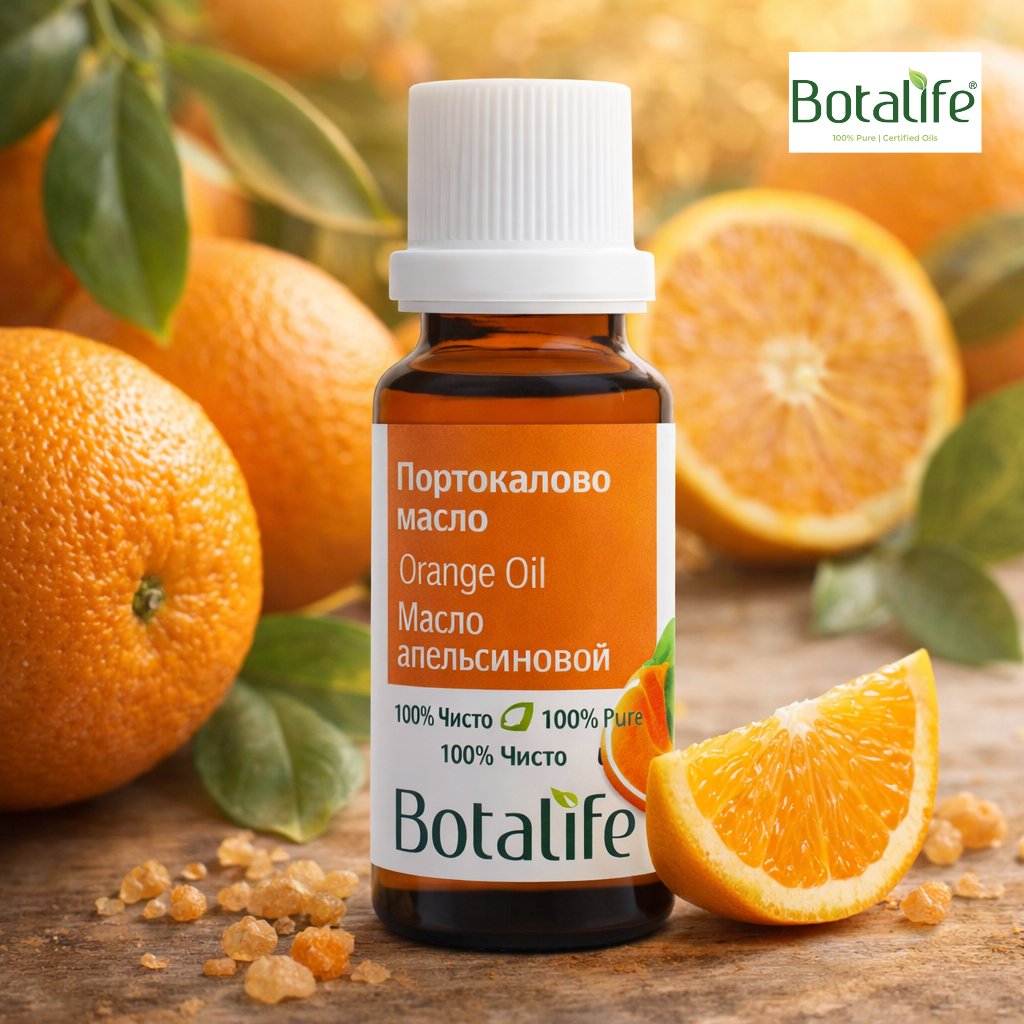ТОП 7 ползи от употребата на масло от портокал - бутилка портокалово масло Botalife сред портокали, етерични масла, дифузер и натурална козметика