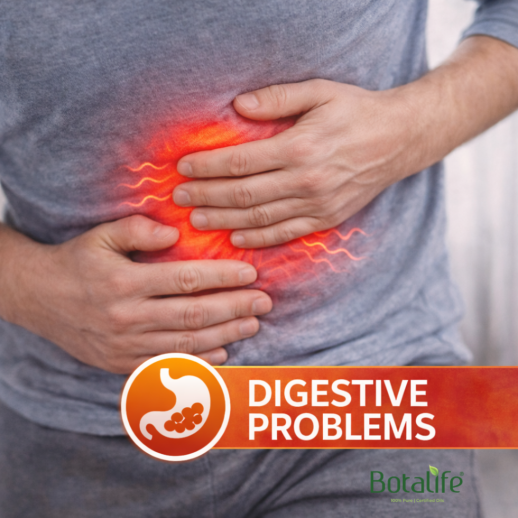 Етерични масла, използвани при проблеми с храносмилателната система - мъж с болки в корема, газове и рефлукс, етерични масла за облекчение