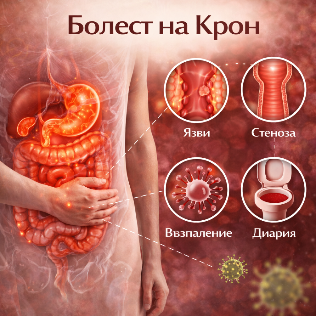 Могат ли етеричните масла да помогнат при болестта на Крон? инфографика на симптомите и възпалението с черен кимион, рициново масло, розмарин и други етерични масла