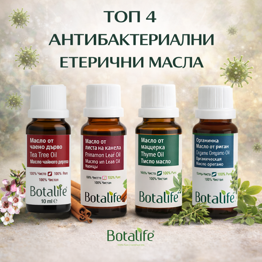 ТОП 4 антибактериални етерични масла — бутилки етерични масла (чайно дърво, канела, мащерка, риган) с билки и дифузер аксесоари