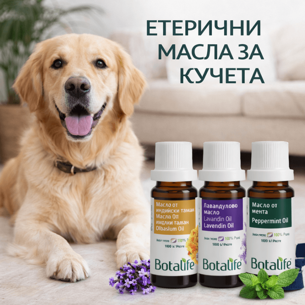 8 етерични масла, подходящи за кучета — усмихнат голдън ретривър до бутилки етерични масла Botalife