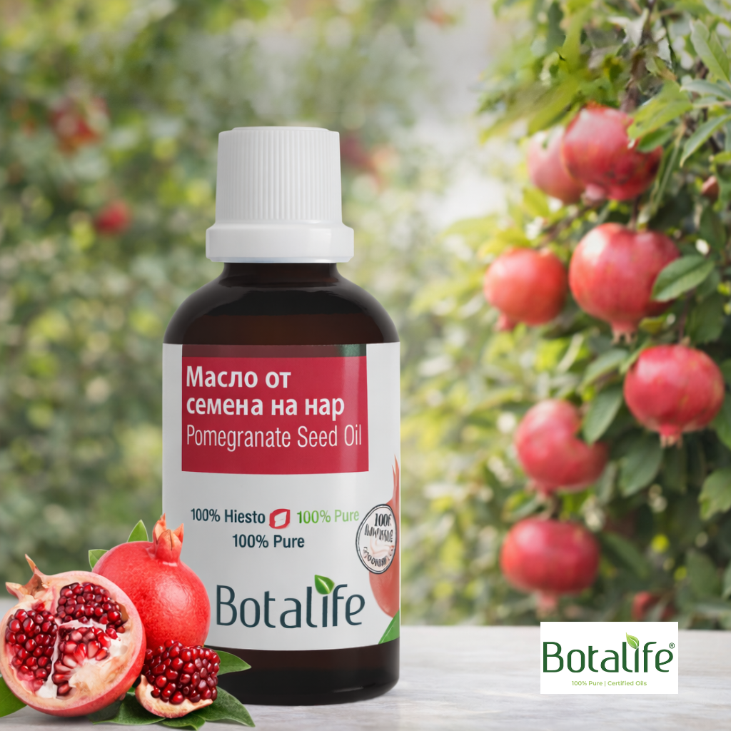 Ползи от употребата на масло от нар - бутилка масло от семена на нар Botalife на дървена повърхност със свежи нарове