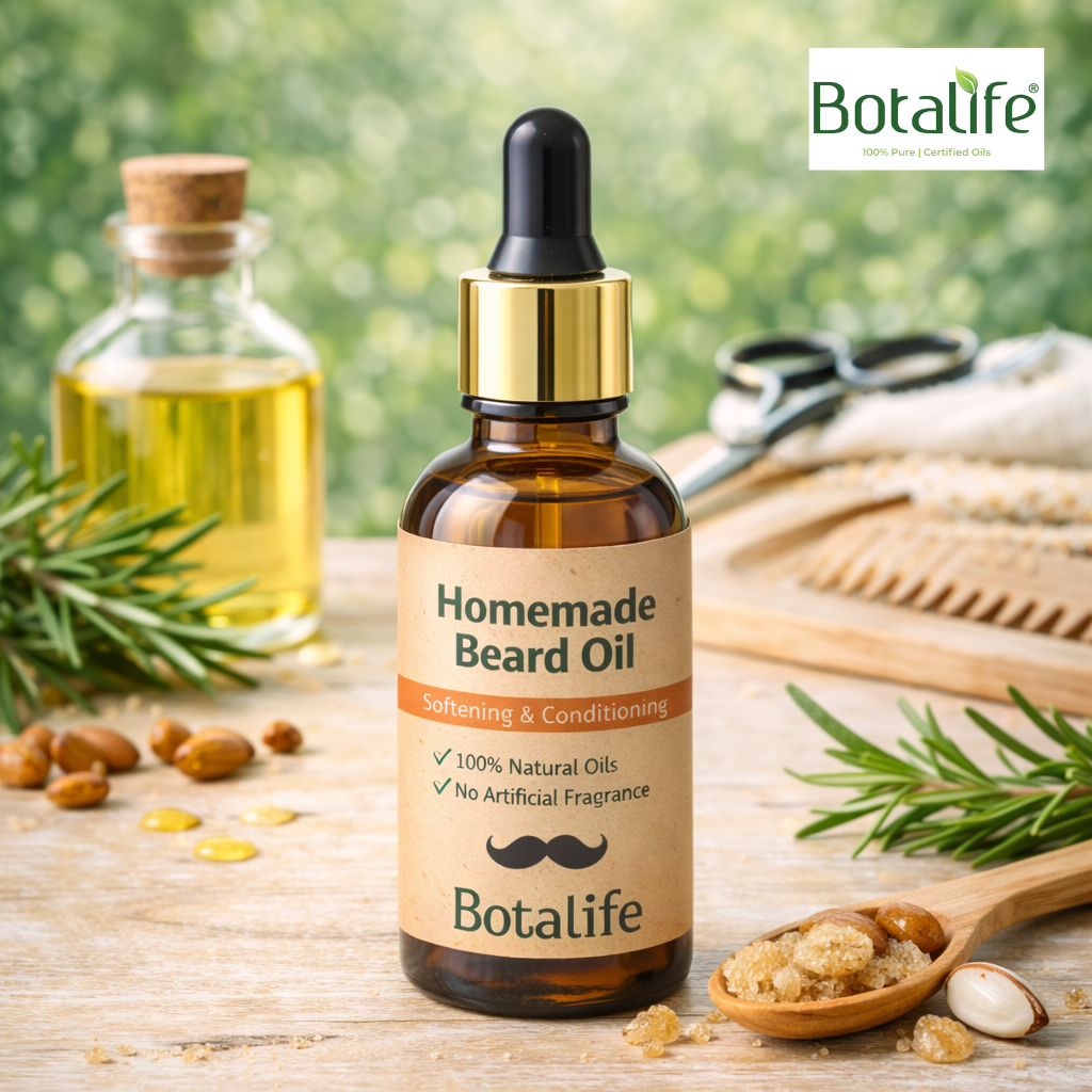 Домашно масло за брада - бутилка Botalife с рициново, кокосово и арганово масло за подхранване и хидратация