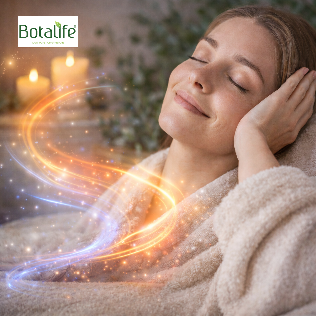 Емоционален баланс и нервна система: релаксираща жена с ароматерапия и етерични масла (масло от черен кимион, рициново масло, вечерна иглика)