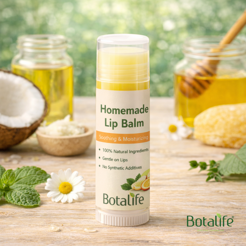 Домашен балсам за устни със сярано масло от черен кимьон, кокосово и какаово масло за хидратация и натурални етерични масла