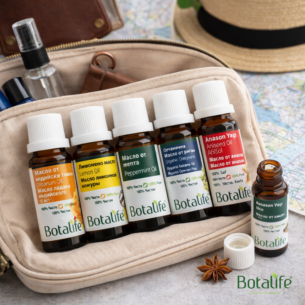 Етерични масла при пътуване – как да създадете свой собствен комплект: комплект етерични масла Botalife за пътуване с черен кимион, риган, тамян и дифузер