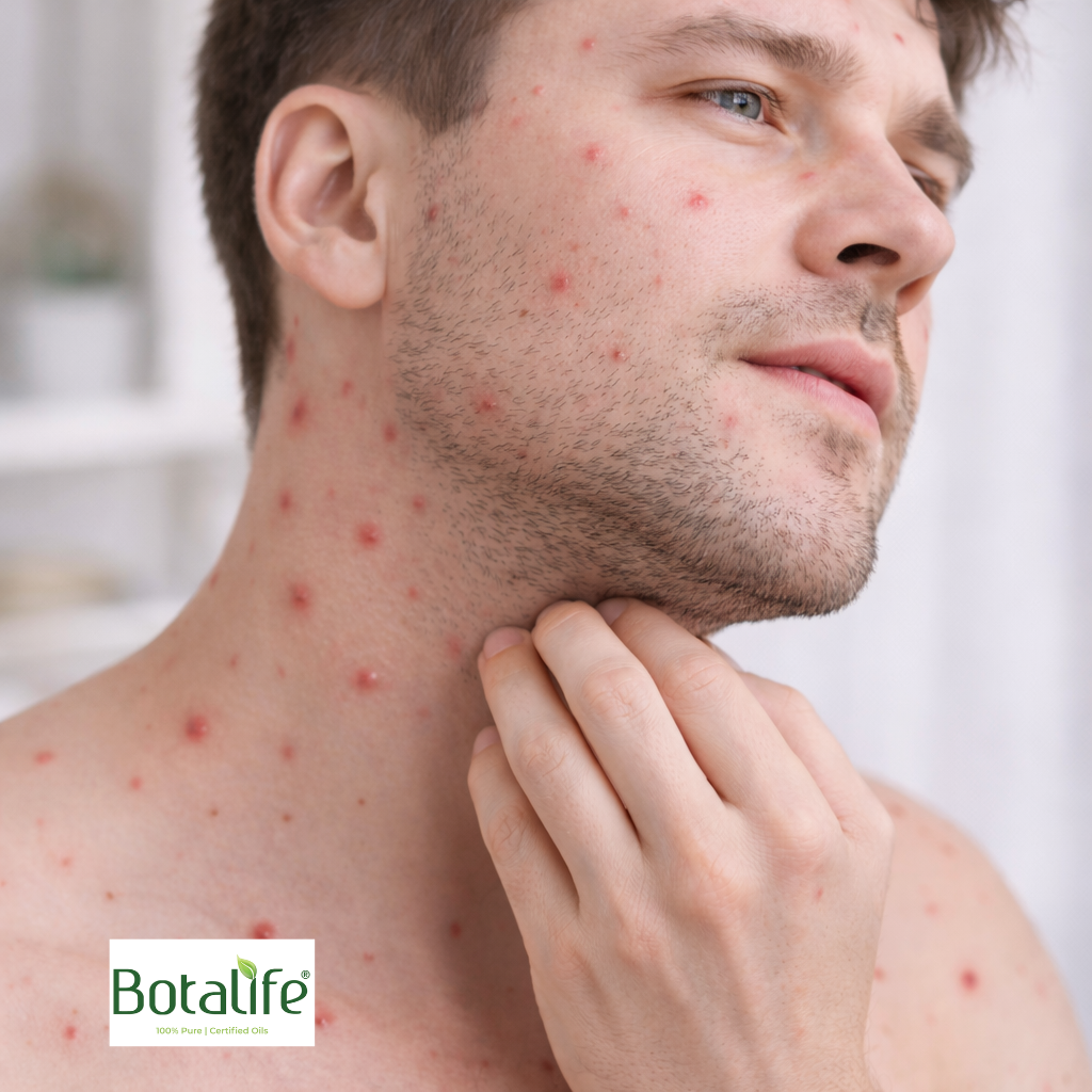 9 етерични масла при варицела и начини на приложение - мъж с червени сърбящи мехури по лицето и шията, приложение на етерични масла като рициново масло и масло от черен кимьон