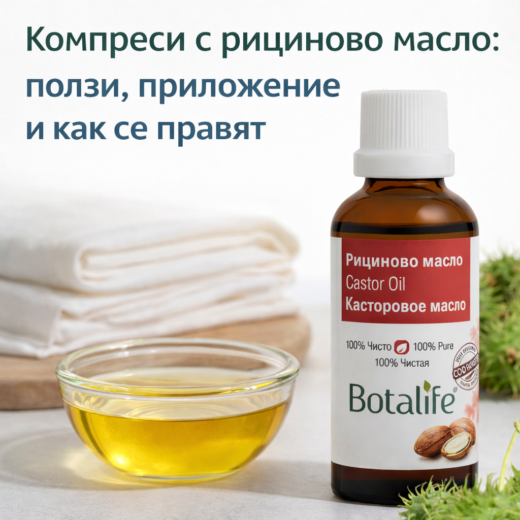 Компреси с рициново масло – бутилка рициново масло Botalife и купичка с масло, използвани за домашни компреси и грижа за тялото.