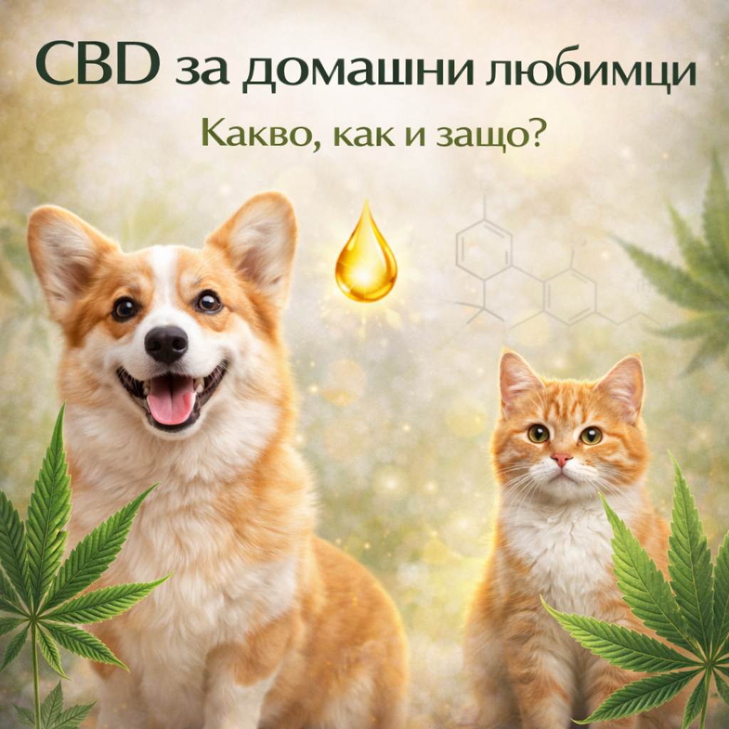 CBD за домашни любимци: Какво, как и защо? - усмихнато куче и котка с капка CBD масло и листа от черен кимьон