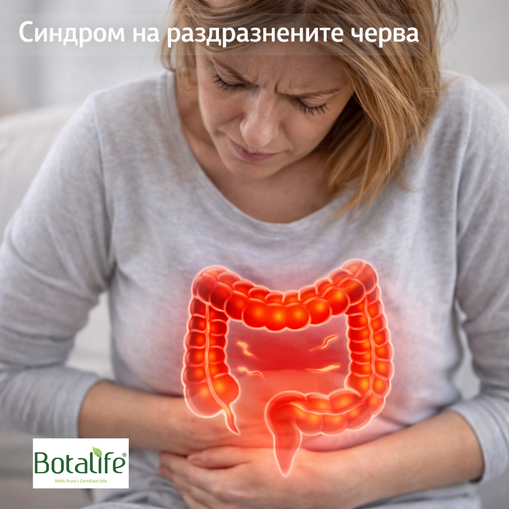 ТОП 5 етерични масла при синдром на раздразнените черва — жени с болки в корема, илюстрация на възпалените черва, етерични масла и ароматерапия