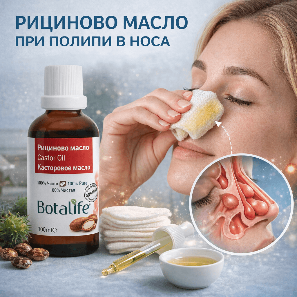РИЦИНОВО МАСЛО ПРИ ПОЛИПИ В НОСА - бутилка рициново масло, приложения с тампон и илюстрация на носни полипи