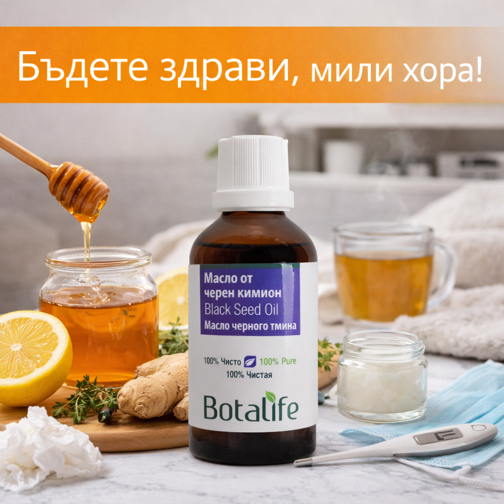 Бъдете здрави, мили хора! Масло от черен кимьон Botalife със здравословни продукти: мед, лимон, джинджифил, чай и дифузер