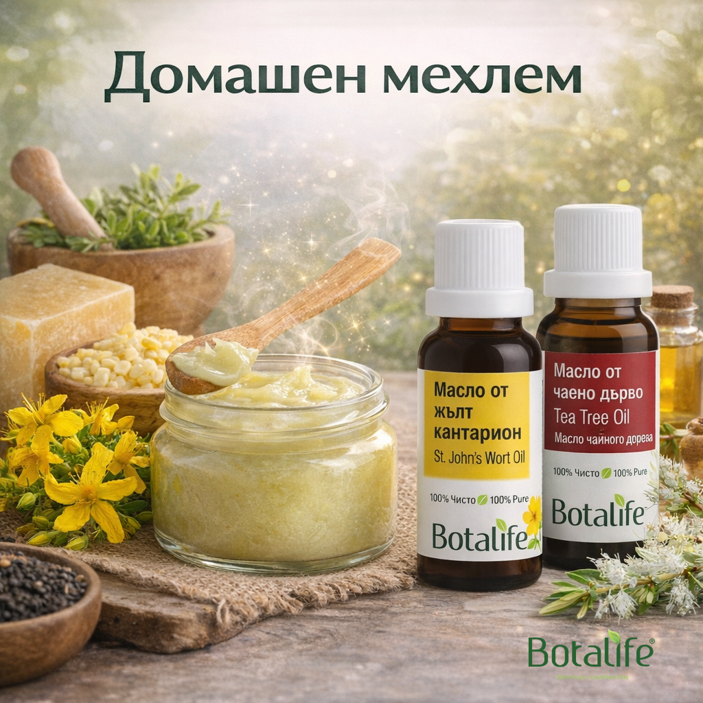 Направи си сам: Универсален домашен мехлем с масло от жълт кантарион и чаено дър – буркан с мехлем и бутилки масло от жълт кантарион и чаено дърво