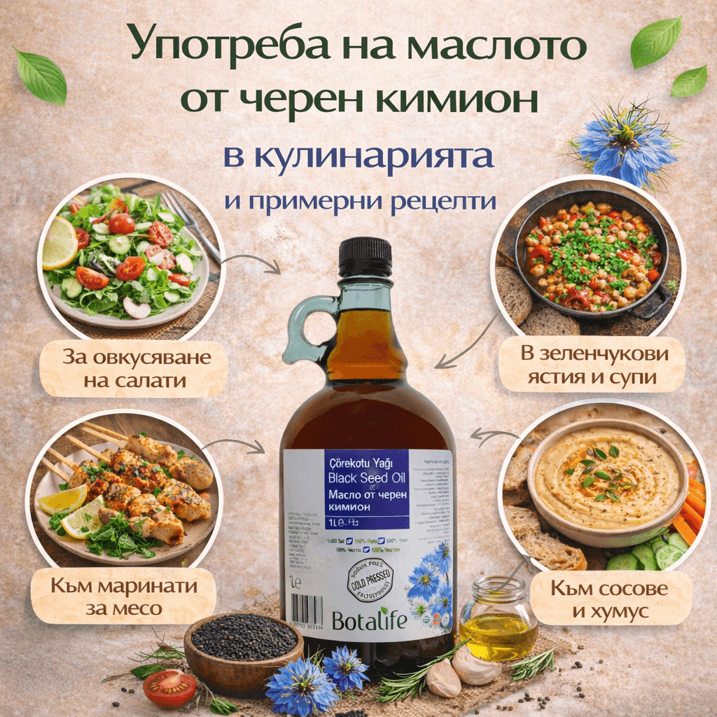 Употреба на маслото от черен кимион в кулинарията и примерни рецепти с масло от черен кимьон за салати, сосове и маринати