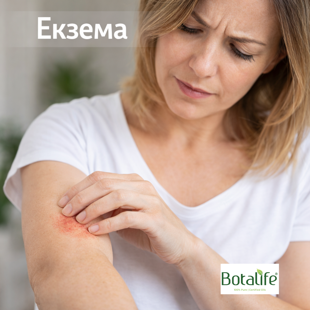 6 етерични масла при екзема – жена търка зачервена кожа на ръка, лечение с етерични масла и продукти Botalife, масло от черен кимьон