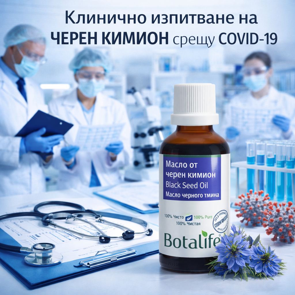Клинично изпитване на черен кимион срещу COVID 19 1 - бутилка масло от черен кимион Botalife на медицински фон с учени и лаборатория