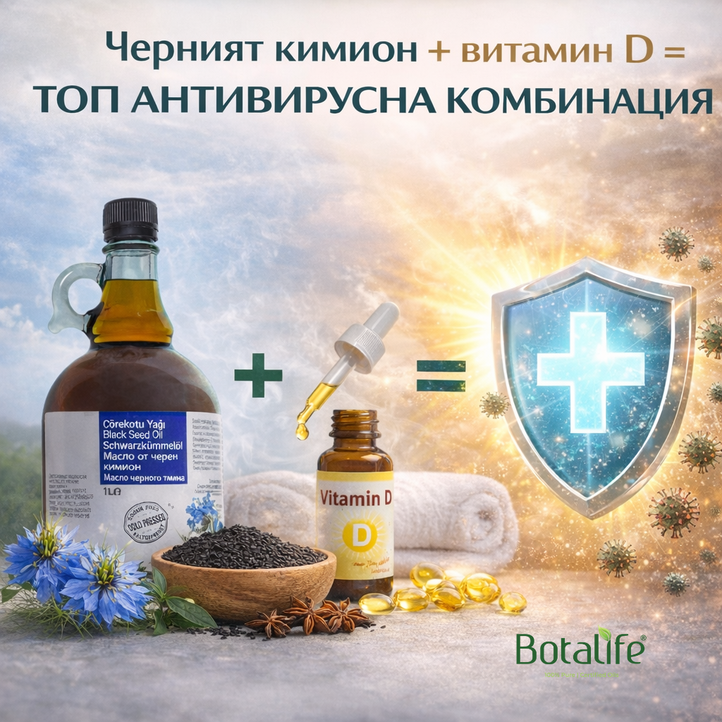 Черният кимион плюс витамин D се равнява на топ антивирусна комбинация - бутилка масло от черен кимьон, капки витамин D и защитен щит