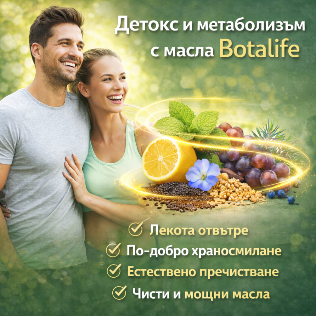 Щастлива двойка на открито, символ на здраве и баланс, с натурални съставки около тях – лимон, мента, семена и плодове, представящи детокс и метаболизъм с масла Botalife.