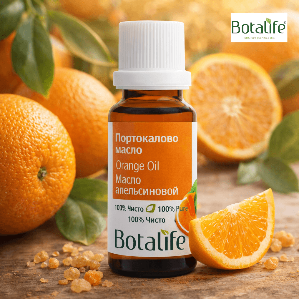 Бутилка портокалово етерично масло цена Botalife сред пресни портокали и парченце, натурална козметика и арома дифузер
