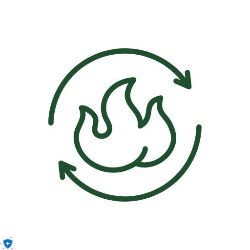 Зелен икона на пламък в кръг със стрелки, символ на възобновяема енергия и горене