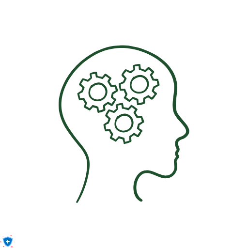 Икона силует на глава с три зъбни колела, символизираща мислене, идеи и натурални масла като черен кимьон и етерични масла