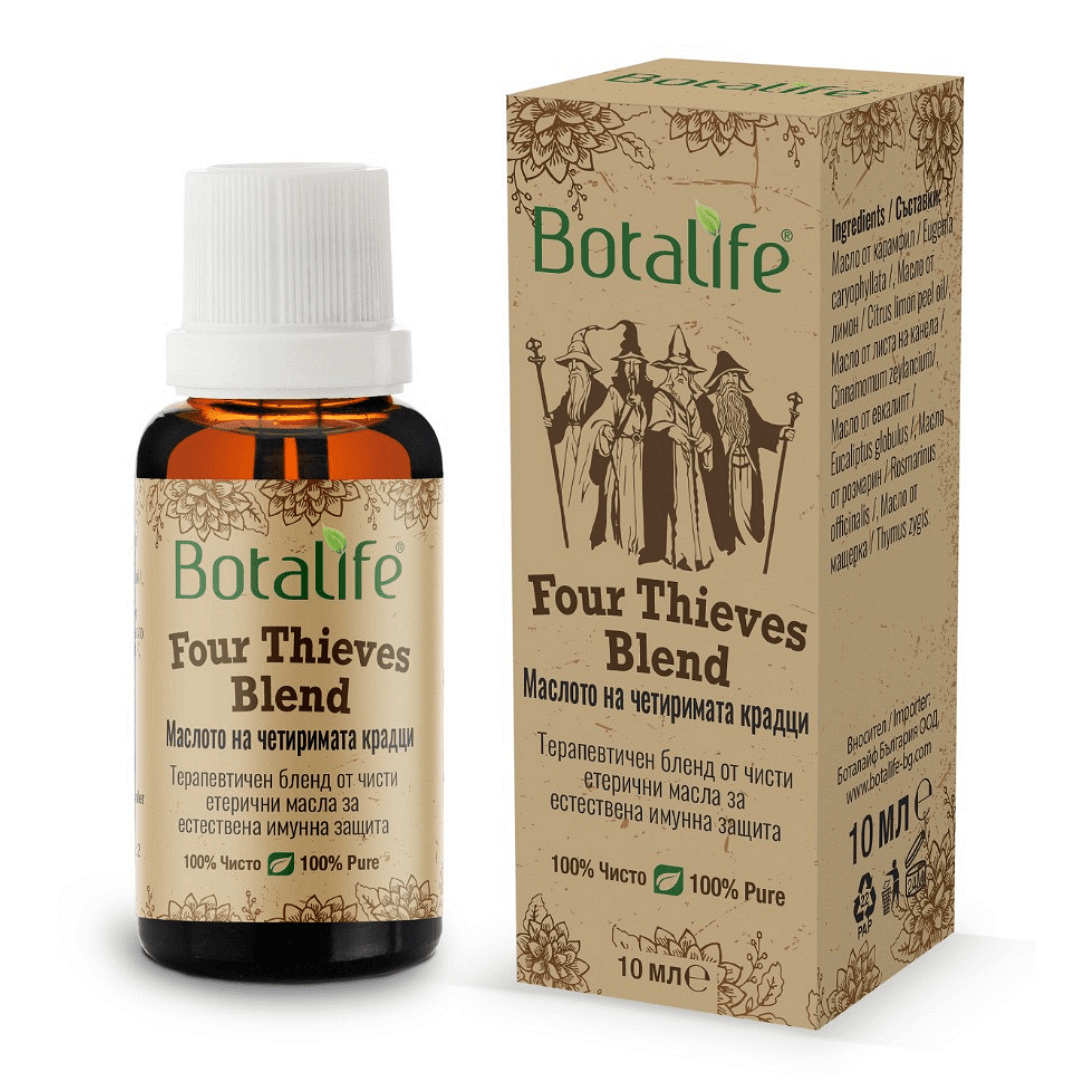 FOUR THIEVES BLEND - Маслото на четиримата крадци Botalife бутилка и кутия, етерични масла, черен кимион, риган, тамян, дифузер, натурална козметика