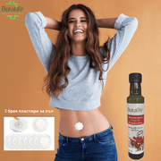 Комплект Рициново масло 250 мл + 5 броя пластири за пъп – бутилка рициново масло и жена със пластир на пъпа, натурална грижа и ароматерапия, цена и етерични масла