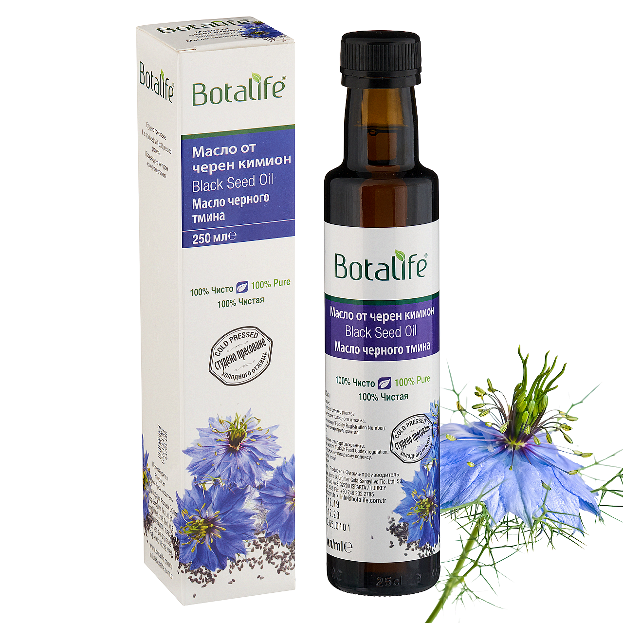 Масло от черен кимион Botalife – с 50 % съдържание на тимохинон, бутилка и кутия с изображение на Nigella sativa