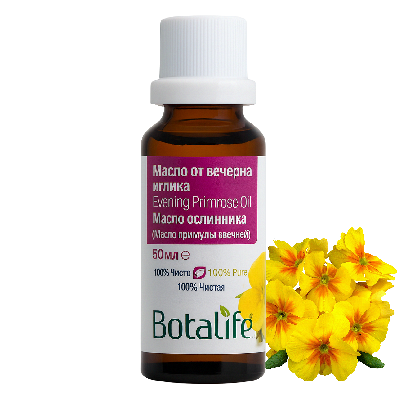 Масло от вечерна иглика, 20 мл / 50 мл бурканче с етикет Botalife и цветове вечерна иглика